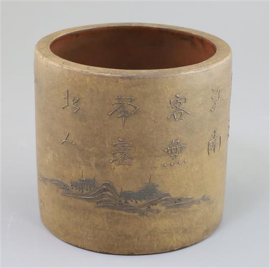 A Chinese Yixing brush pot, H. 13.5cm